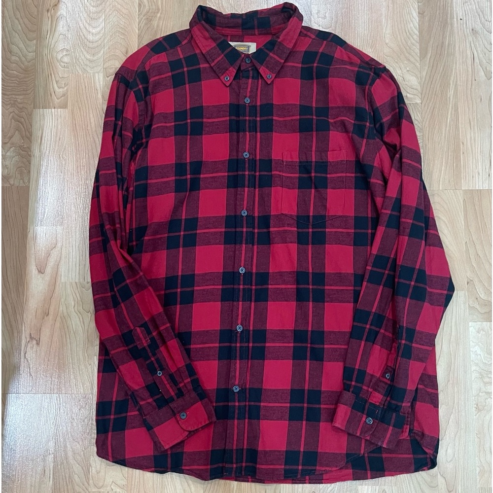 Foundry. Red and black plaid, button up, Medium weight flannel shirt.